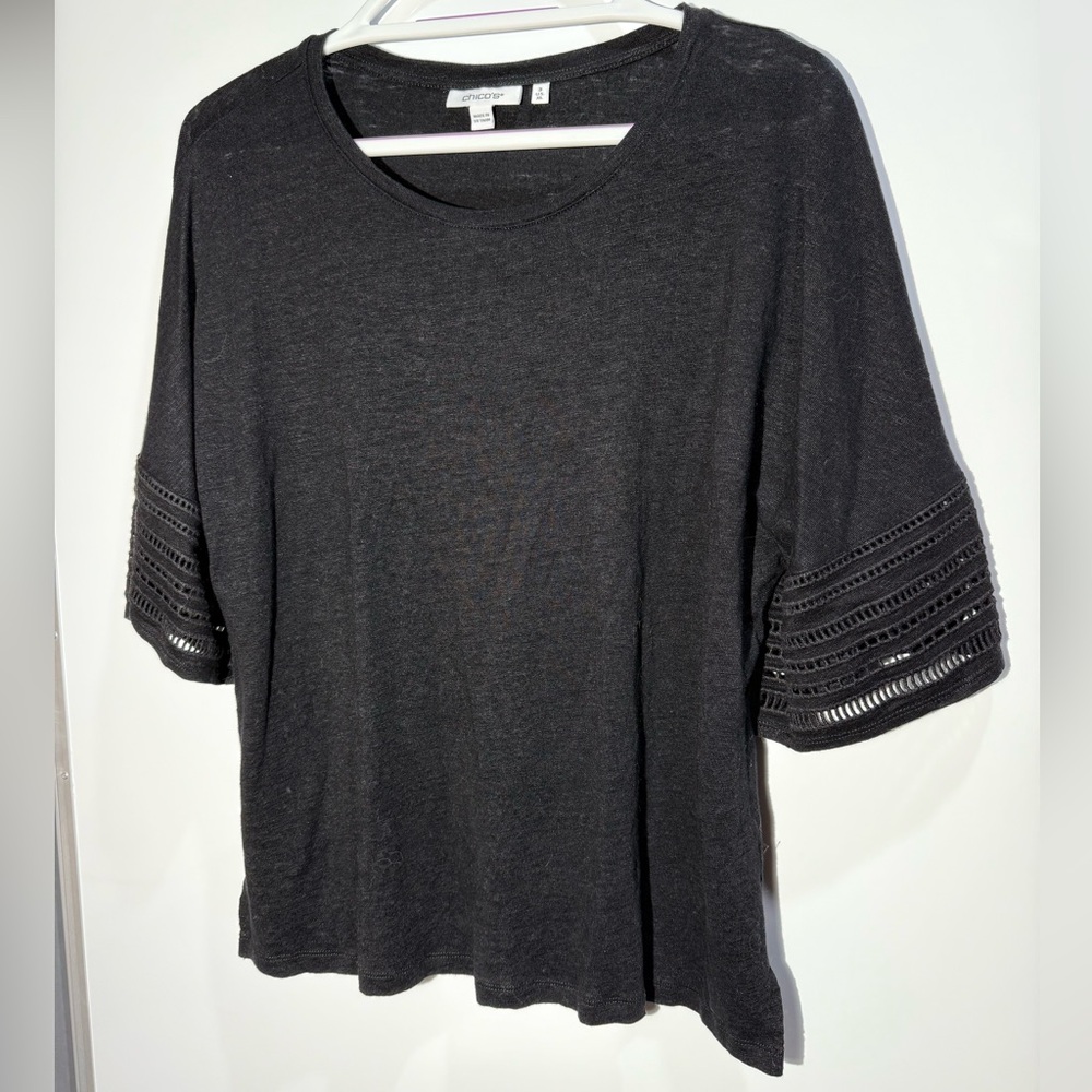 Black Chico’s Women's T-shirt eyelet sleeve detail 100% linen